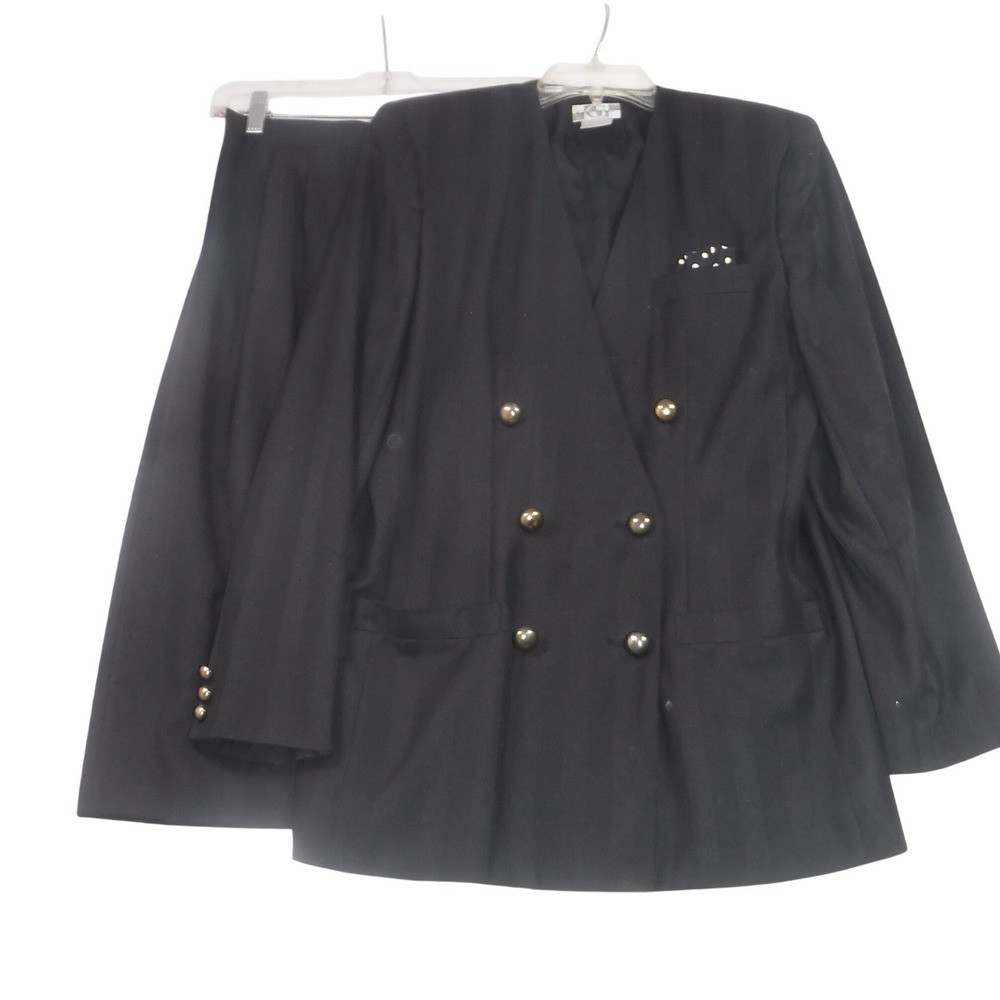 VTG Glenbrooke Women's 10 Black Pinstripe Skirt Suit Double Breasted Business